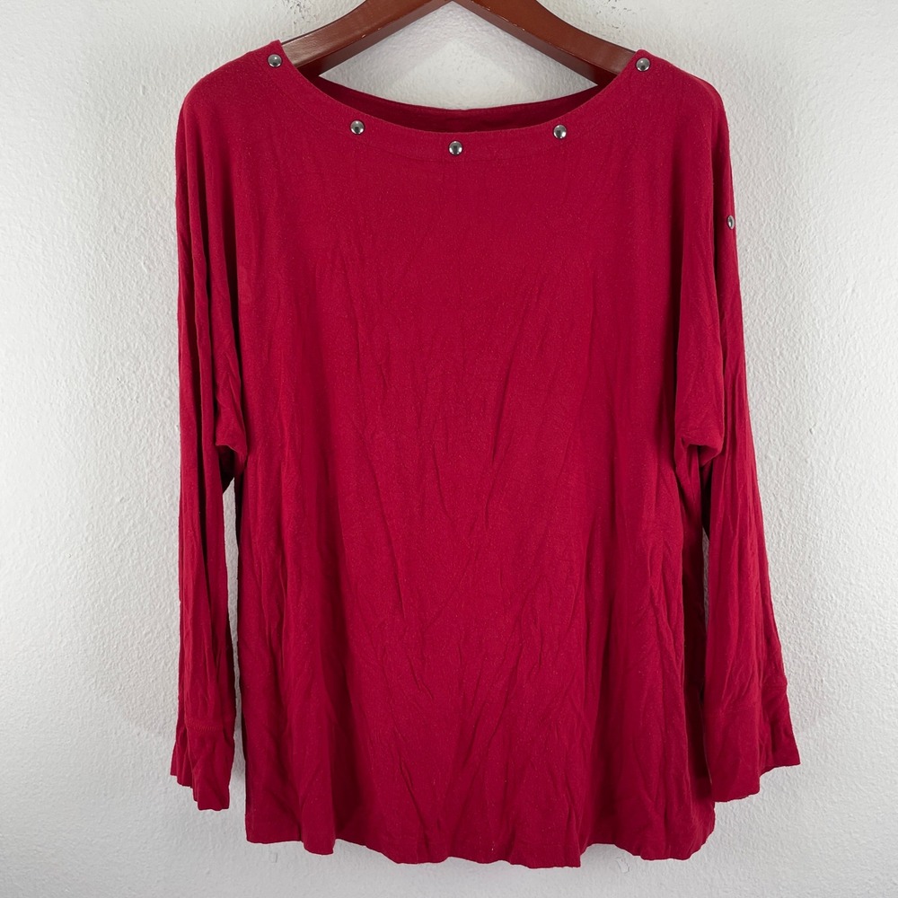 Allison Taylor Womens Red Studded Boat Neck Long Sleeve Top Plus 1X